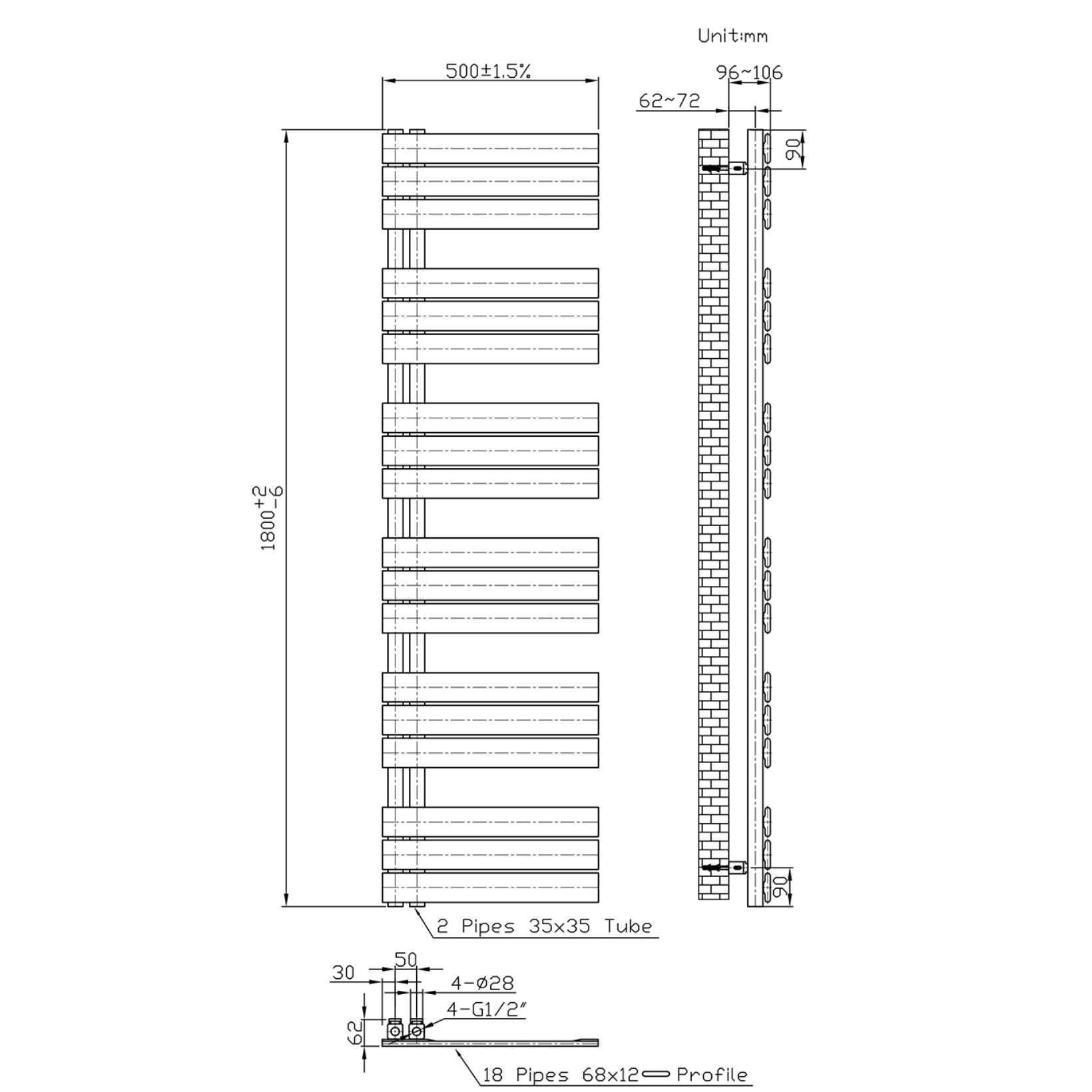 BELRAD Badkamer Radiator Wit – Linkeraansluiting/Combi