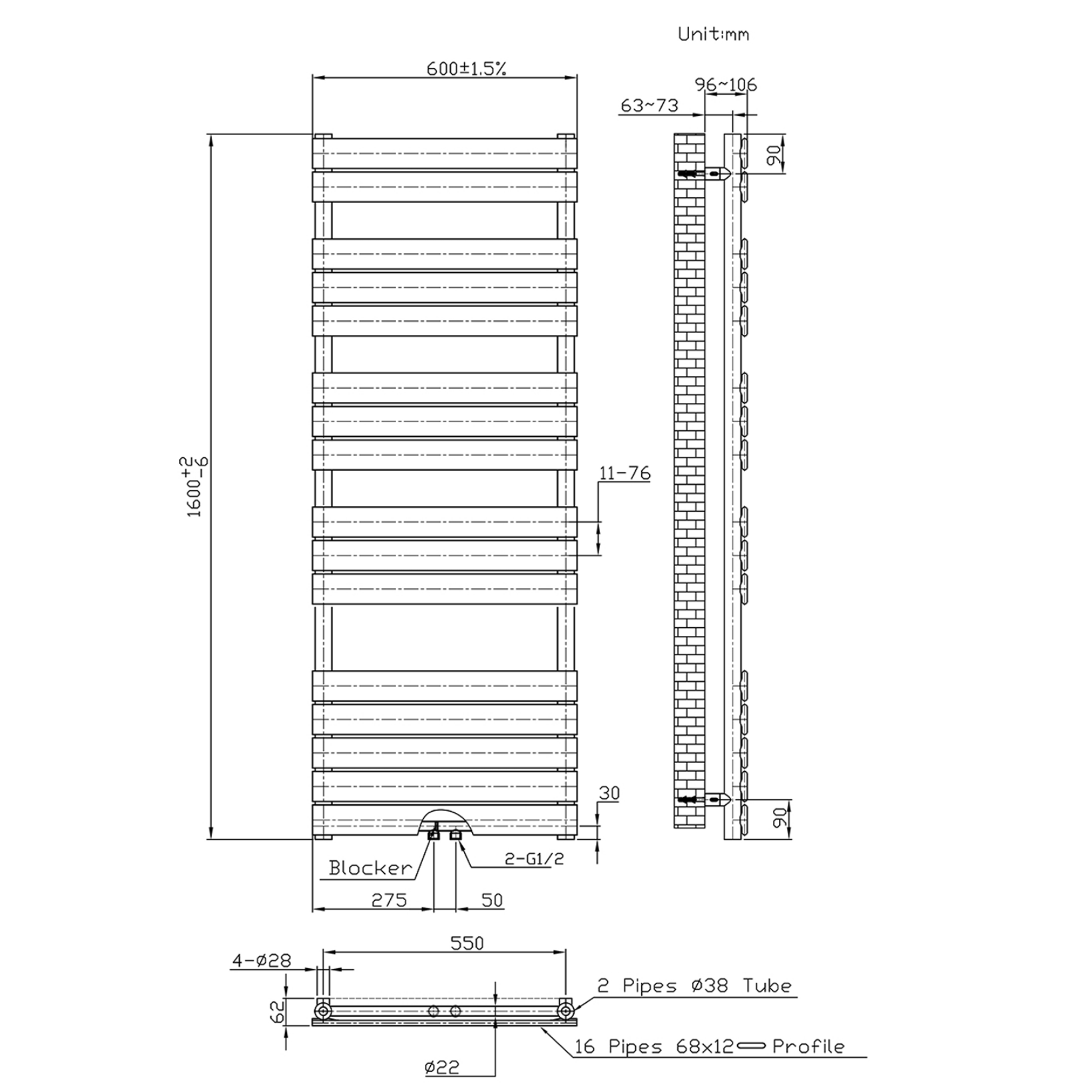 BELRAD Badkamer Radiator Wit – Middenaansluiting