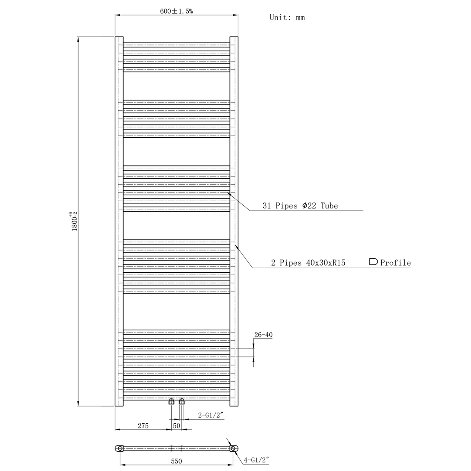 BELRAD Badkamer Radiator Wit – Middenaansluiting