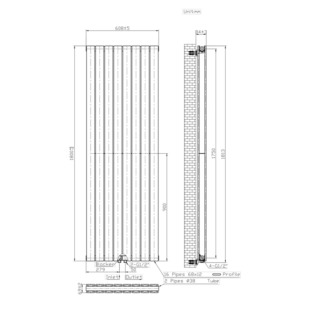 BELRAD Verticale designradiator dubbelzijdig – Middenaansluiting