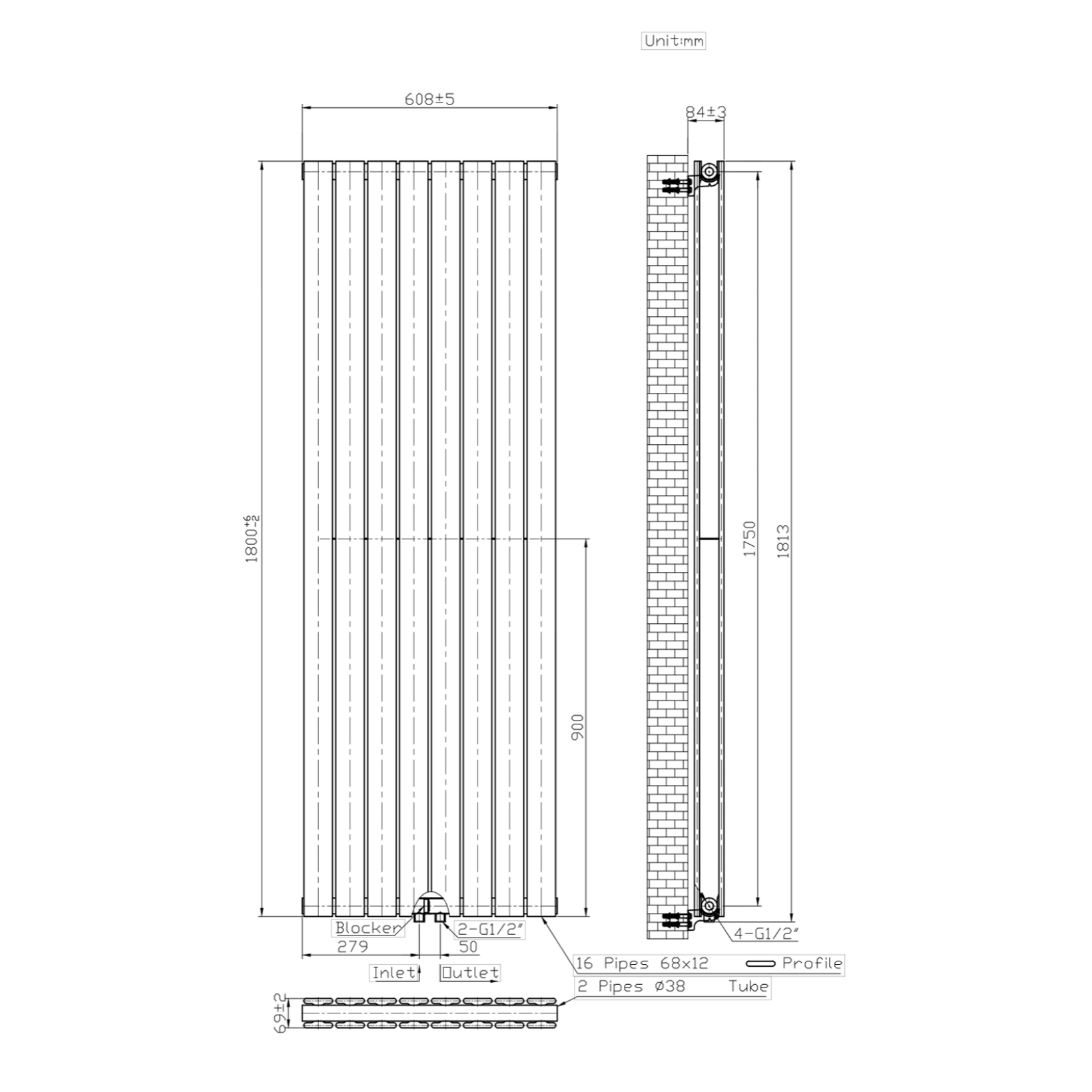BELRAD Verticale designradiator dubbelzijdig – Middenaansluiting