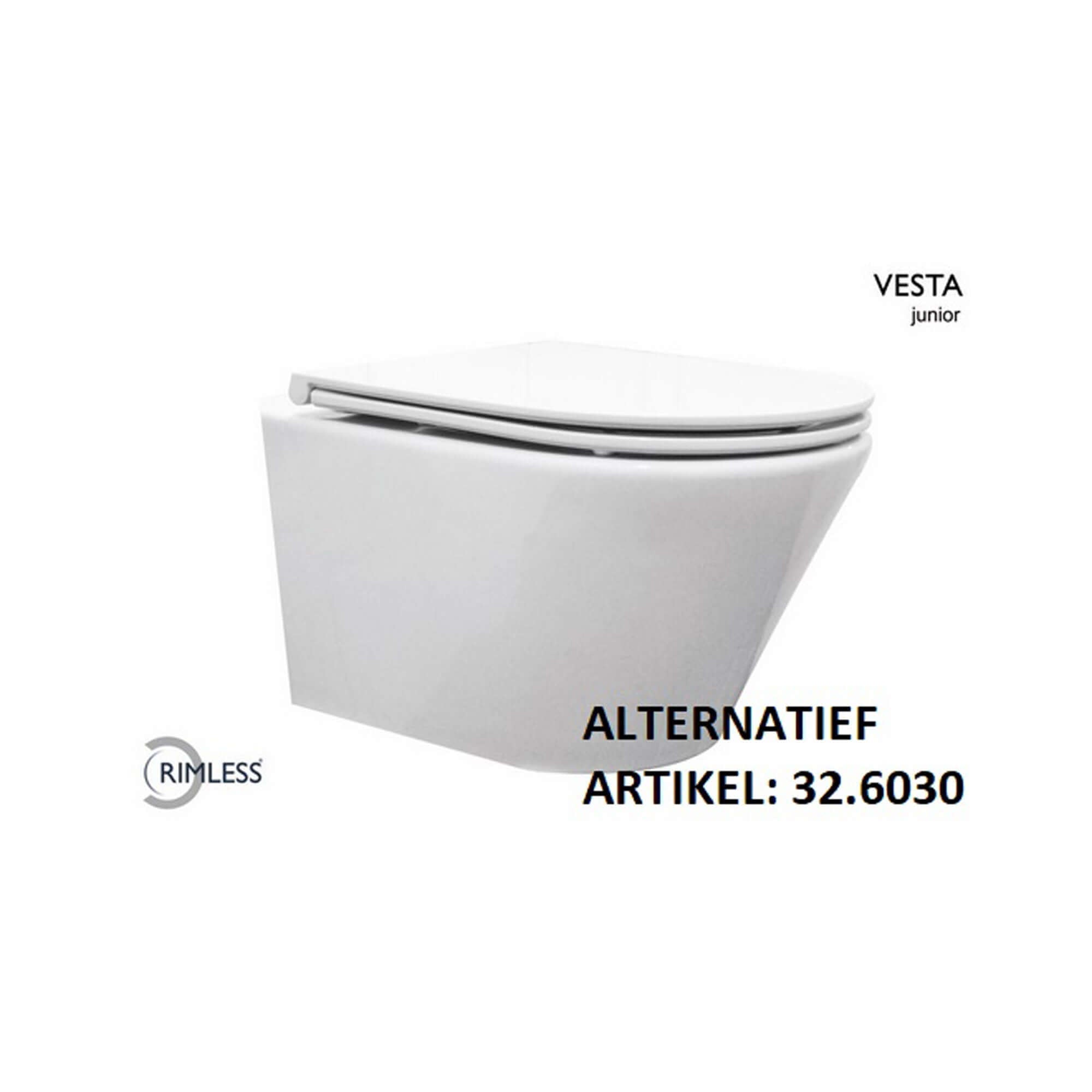 Vesta junior wandcloset rimless verkort met Flatline toiletzitting softclose en quick release glans wit Hoofdafbeelding