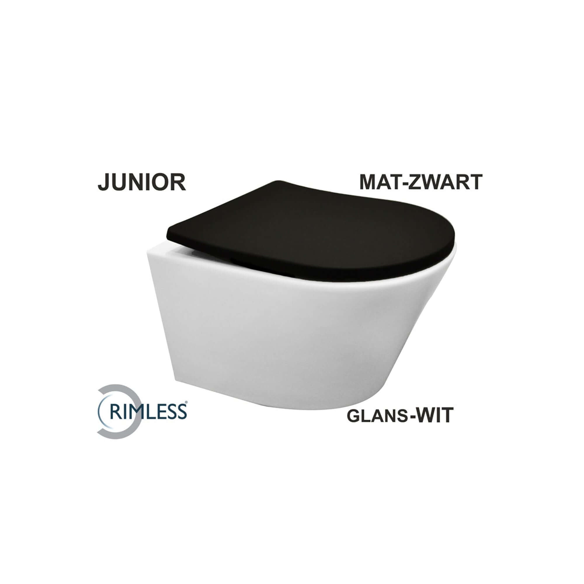Vesta junior wandcloset rimless verkort glans wit Shade slim toiletzitting softclose en quick release mat zwart Hoofdafbeelding